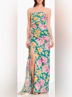 NEW Dress the Population Lulu Metallic Floral Strapless Pine multi Gown sz L